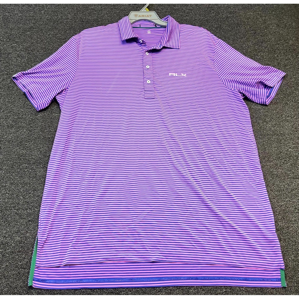 RLX Ralph Lauren Polo Shirt Men Pink Blue Striped Sweat Wicking Golf Performance